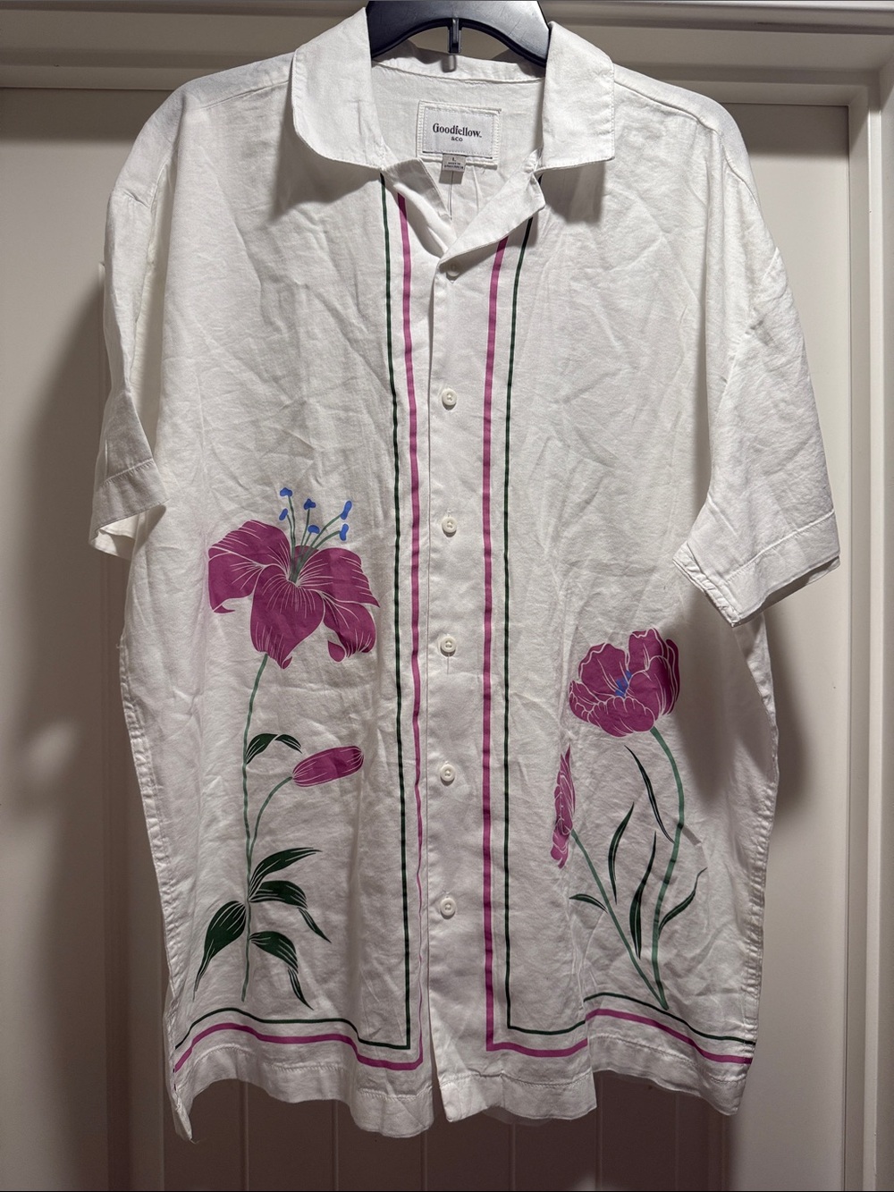 Goodfellow & Co White Button-Up Shirt with Pink Floral Print